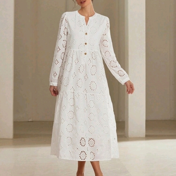 Women Button Front Long Sleeve Embroidery Midi Dress - Picture 4 of 4